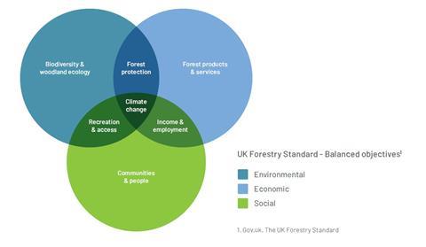 Graphic of the UK Forestry Standard's sustainable forest management balanced objectives concept
