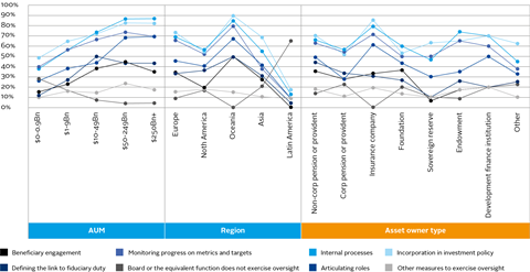 Figure 17: How the board exercises oversight of climate-related risks and opportunities, by AUM, region and type