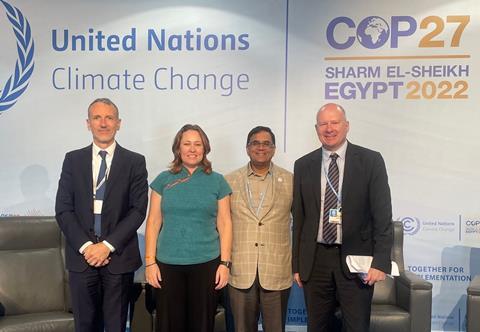 The PRI's CEO David Atkin on the right at COP27 with Emmanual Faber, Nicolette Bartlett, and Avinash Persaud