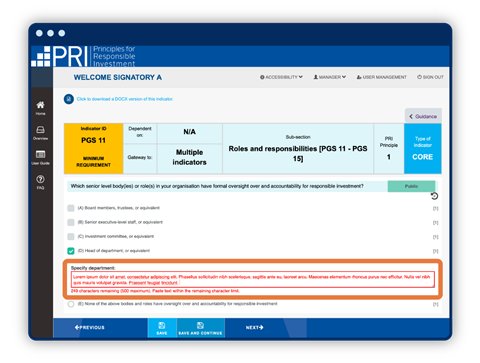 Image showing the warning that will appear if users exceed the text limit in a Reporting Tool indicator field