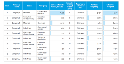Top contributors to portfolio carbon footprint